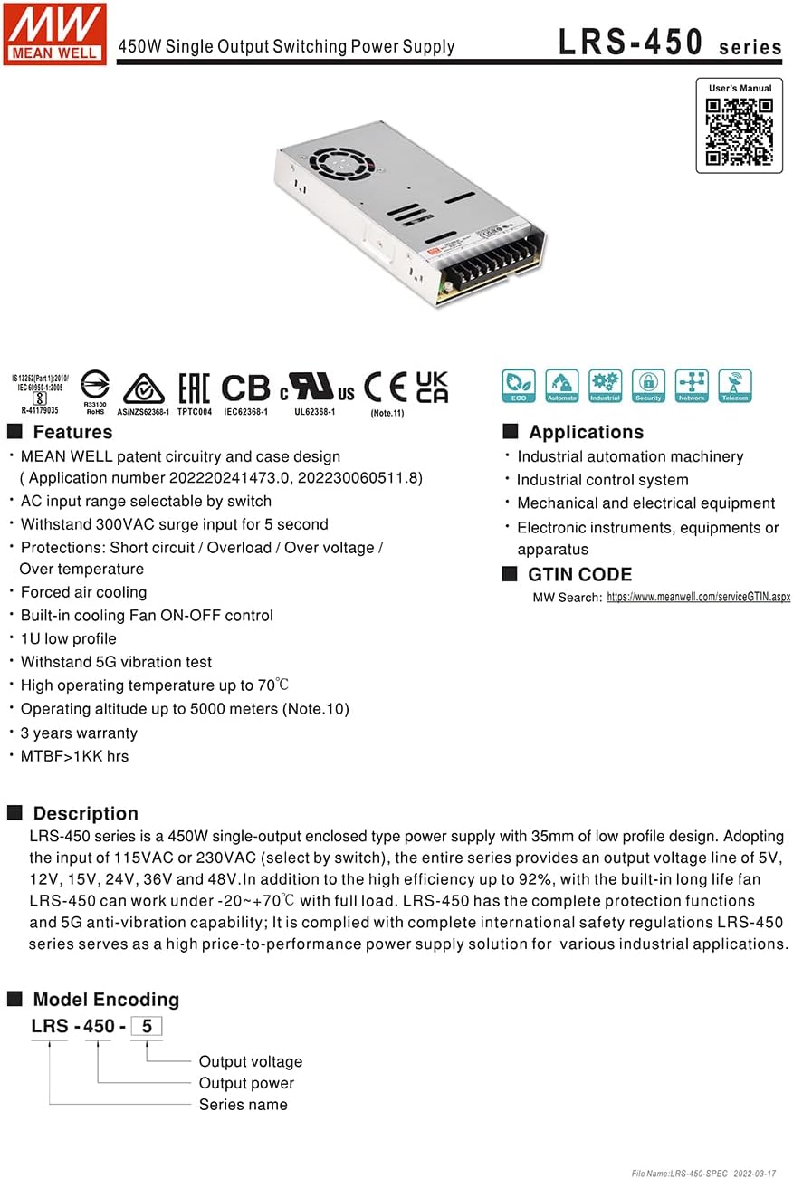Meanwel 450 Watt 24 Volt Power Supply LRS-450-24